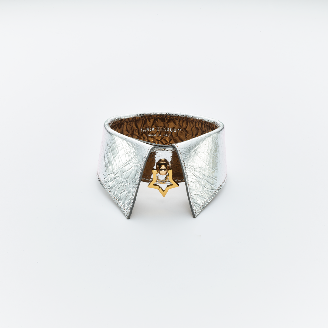 Col bijou en cuir craquelé argent pour animaux de compagnie - moderne et audacieux